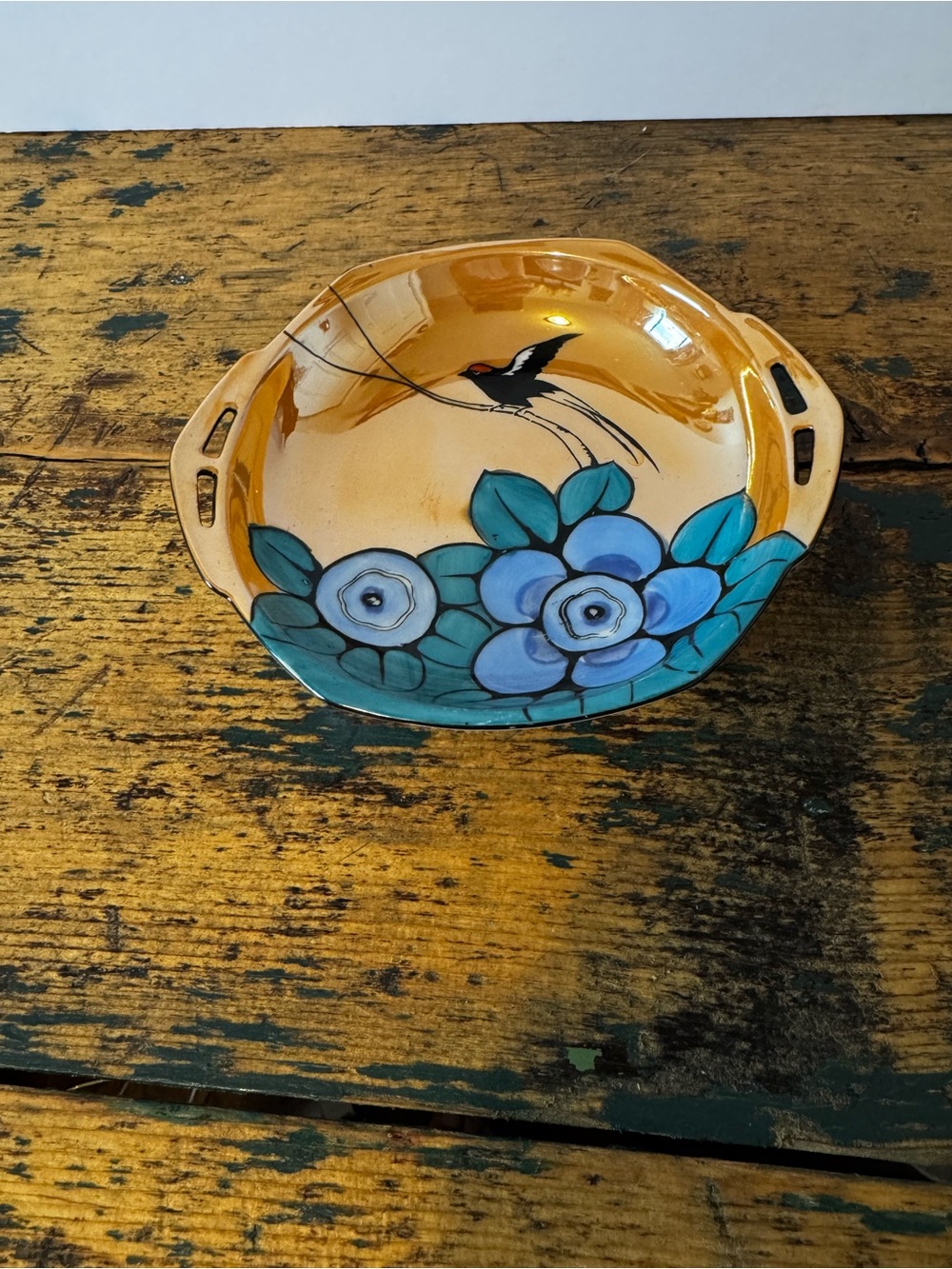 Hand-Painted Lusterware Ceramic Bowl with Blue Floral Design